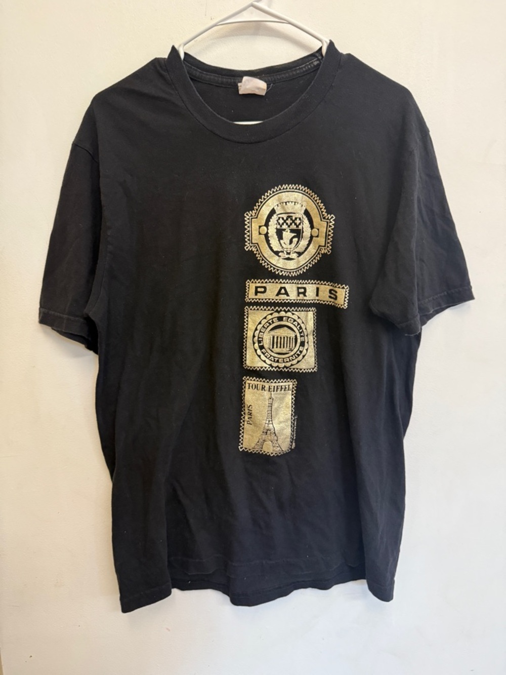 Vintage Made in France Black T-shirt with Gold Paris Emblems